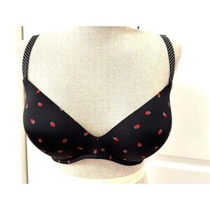 Victorias Secret Sz 34DDD Padded No Wire Bra Black Strawberries Polka Dots